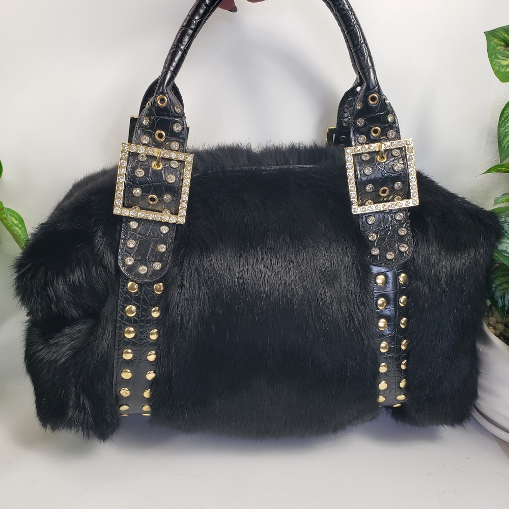 Black Rabbit Fur w/ Croc details & Jeweled Buckles Vintage Plush Bougie 14x11